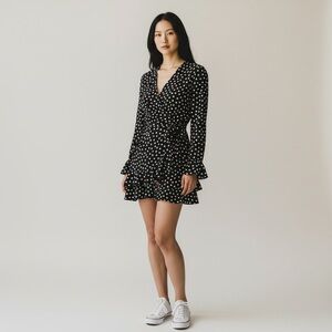 Rumored Polka Dot Mini Rose Wrap Black White Dress Women's Size XS - NWOT!